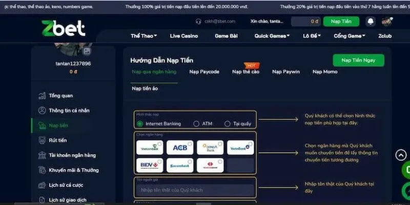 Quy trình nạp tiền Zbet chuẩn xác cho tân thủ